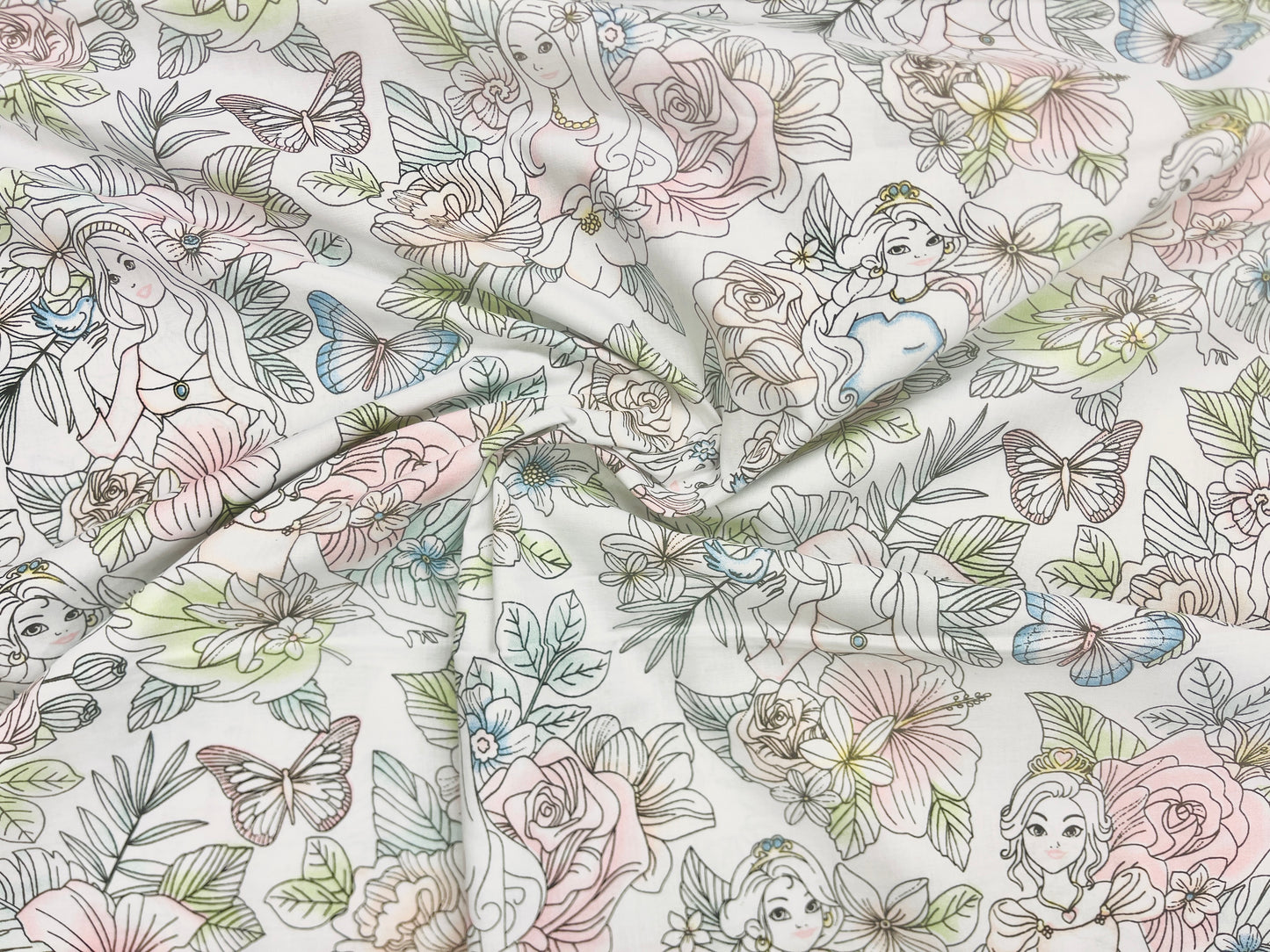 100% Cotton fabric - princesses with pink and blue, green accents 125 g/m