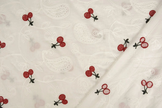 Embroidered cotton fabric - cherries 110 g/m²