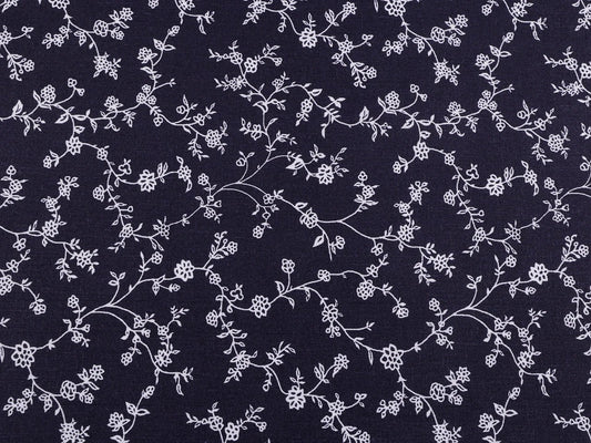 Attēls ar 100% Kokvilnas audums - baltas ziedošas stīgas uz tumši zila 125 g/m² – pieejams Šarlotes audumi