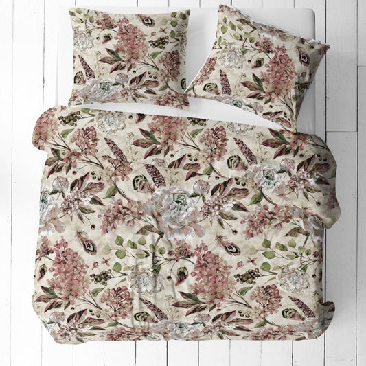 100% Kokvilnas audums - bēšs puķu motīvs 125 g/m²