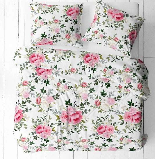Bild eines 100 % Baumwollstoffs mit rosa Rosen – online erhältlich bei Šarlotes audumi