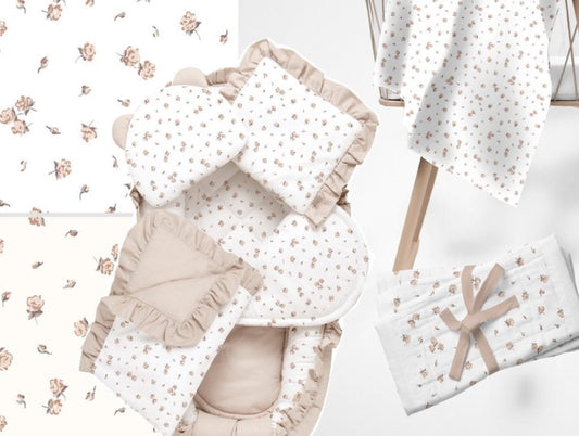 100% Kokvilnas audums - smalkas brūnas rozītes 125 g/m²