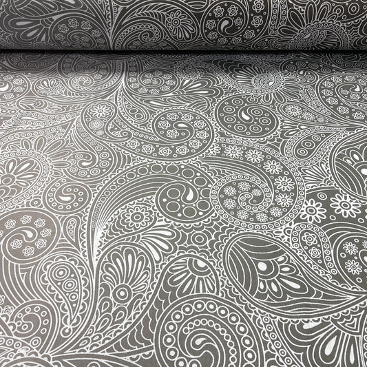 100 % Baumwollsatin – abstraktes Muster auf grauem Hintergrund 220 cm 125 g/m²