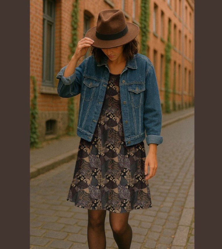 Attēls ar 100% Viskozes audums - brūns raibs motīvs 120 g/m² – pieejams Šarlotes audumi