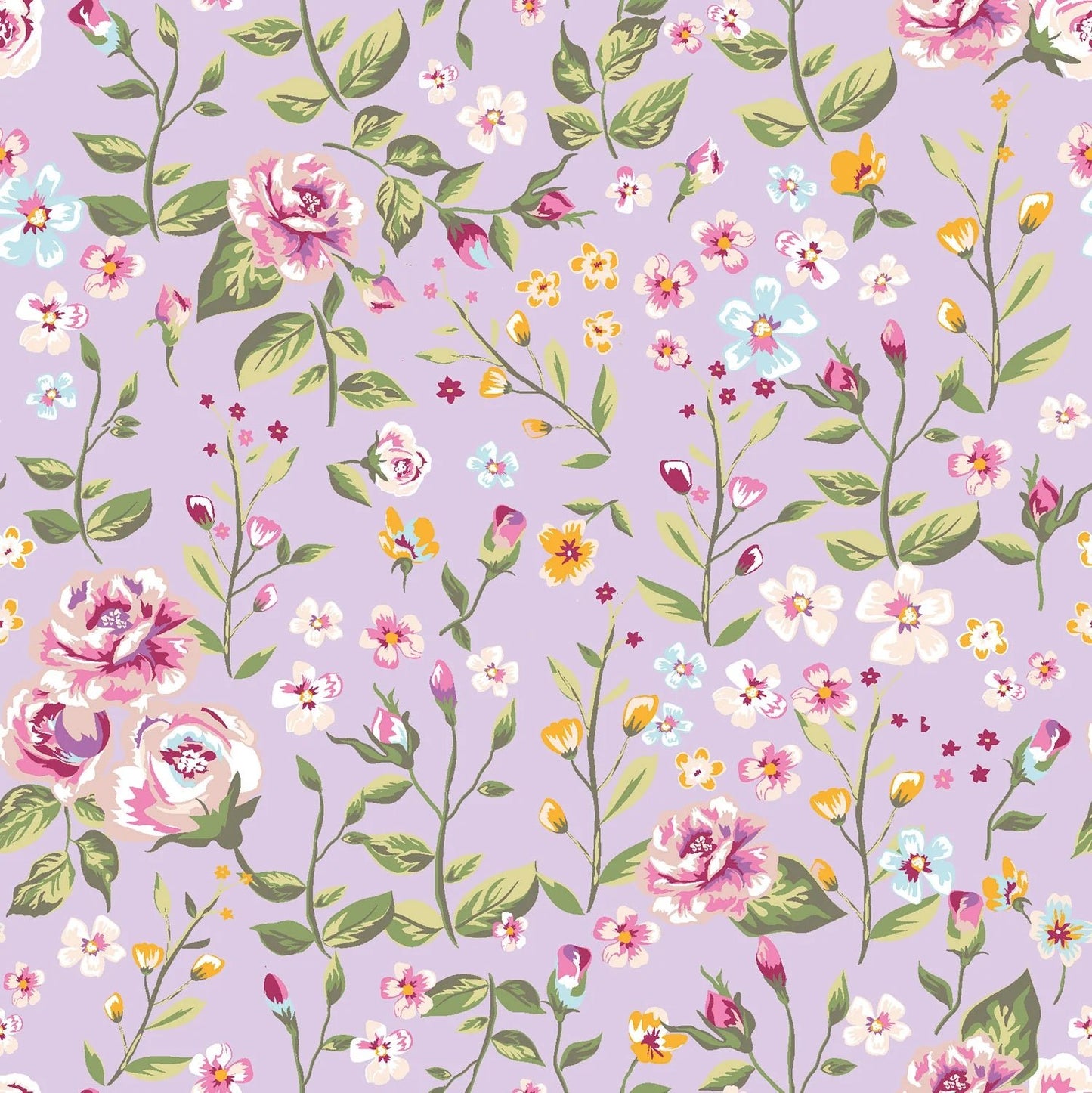 100% Viskozes audums-pļava ar rozēm uz lillā fona 110 g/m²