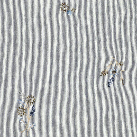 Marškinių audinys su elastanu, mėlynai dryžuotas, siuvinėtas karoliukais 135 g/m²