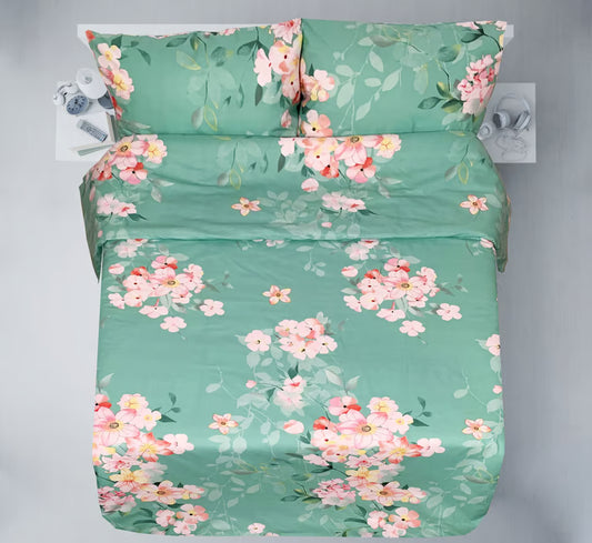Tissu 100 % coton vert menthe avec motifs floraux roses, 220 cm