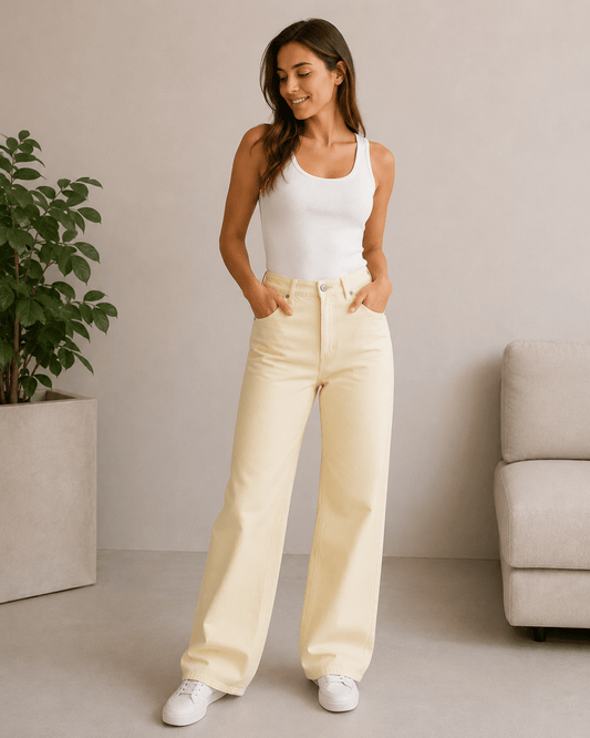 Image of denim fabric with elastane - yellow 225 g/m² – available at Šarlotes audumi