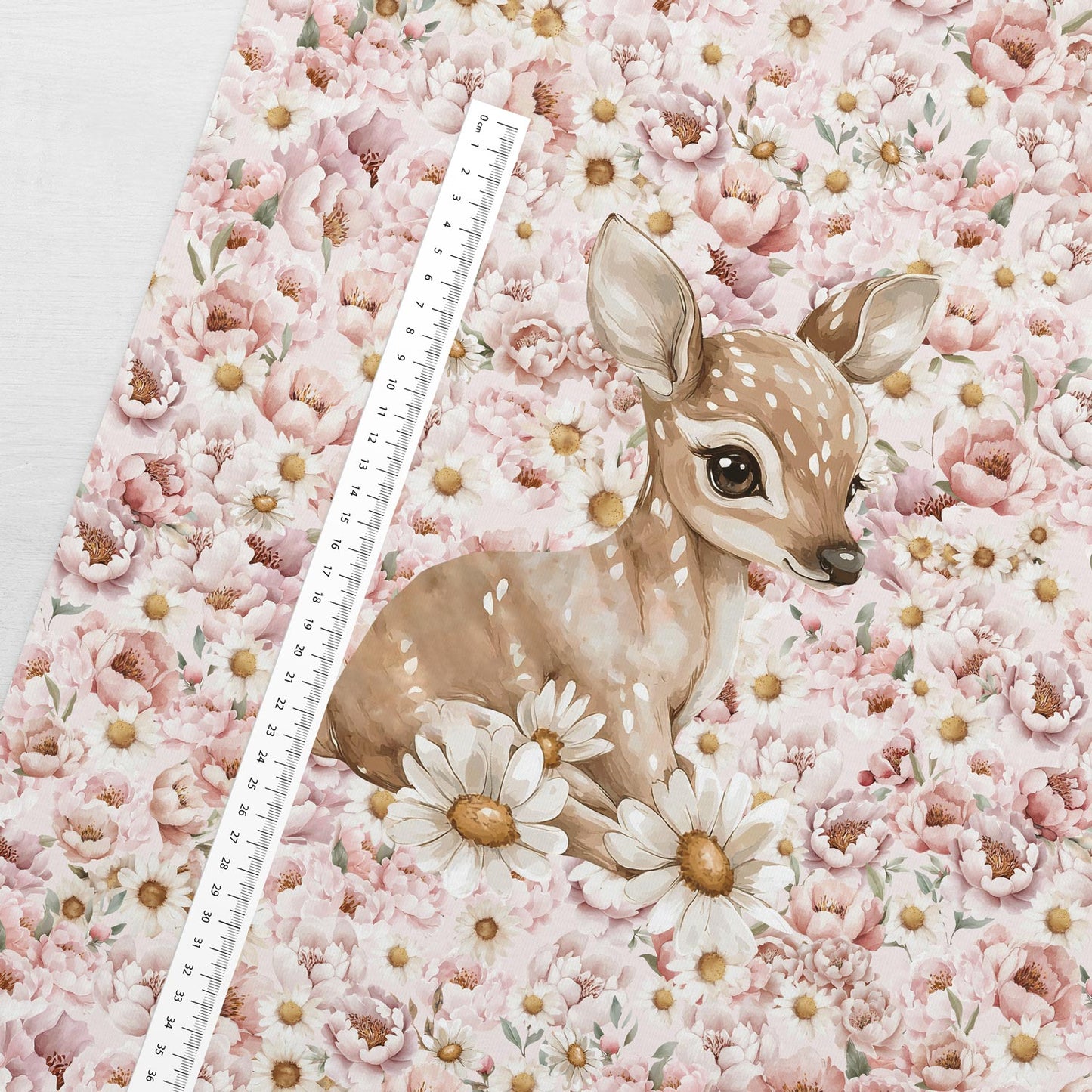 Schlingengewebspanel – Gänseblümchen und Pfingstrosen, Hirsch 250 g/m² | Design-05