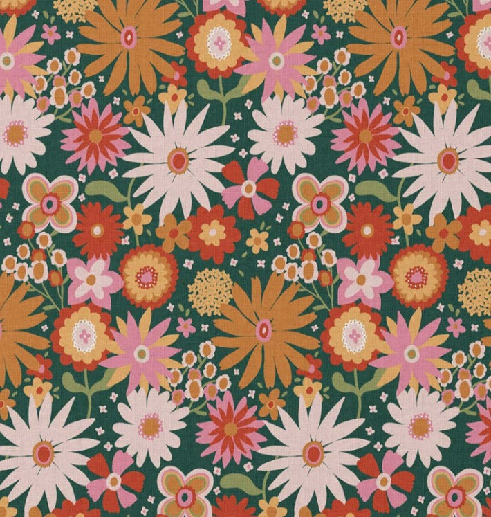 Premium 100% medvilninis audinys – gėlės ant žalio fono 115 g/m²