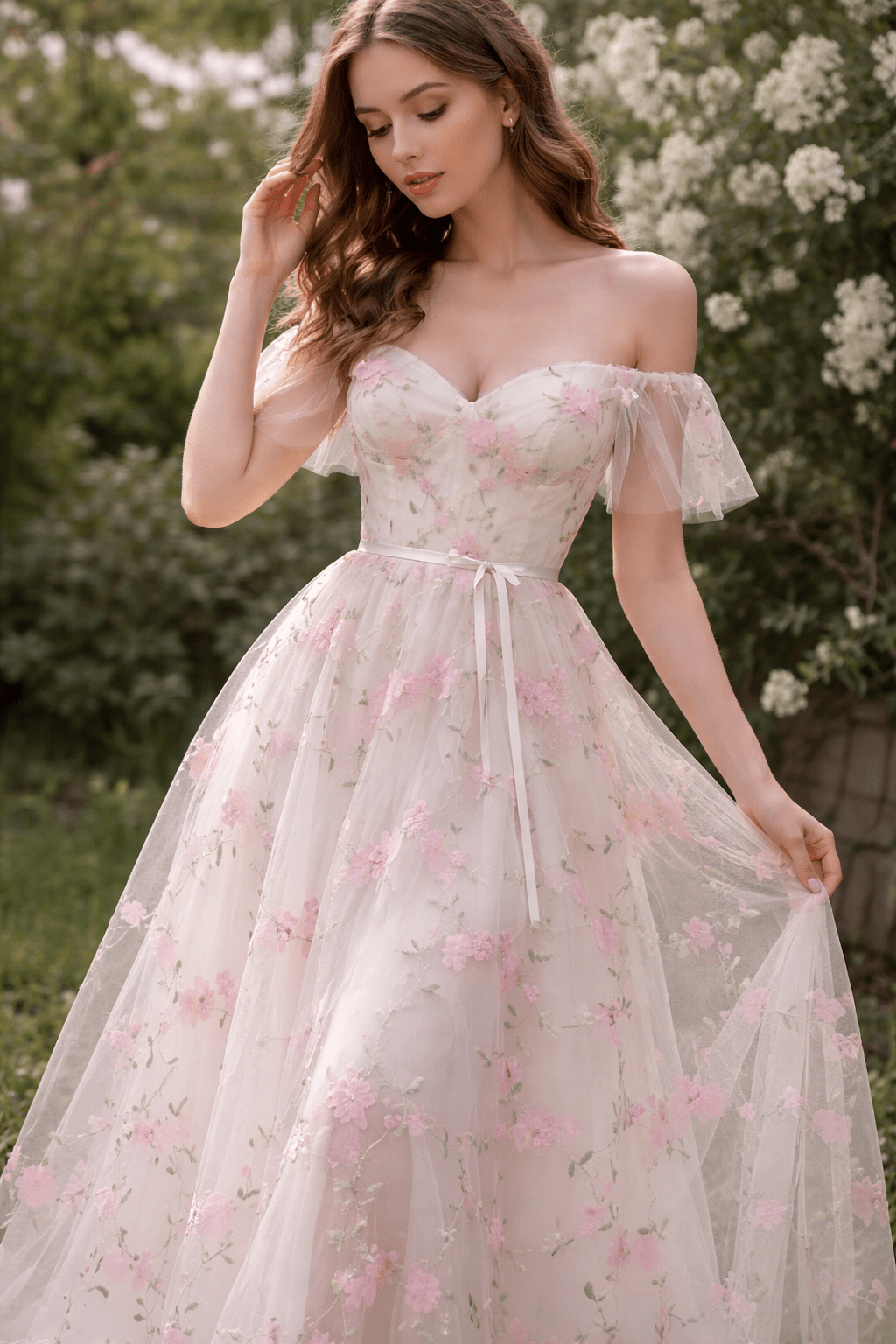 Attēls ar Izšūts tilla audums ar ziediem - rozā 70 g/m² – pieejams Šarlotes audumi