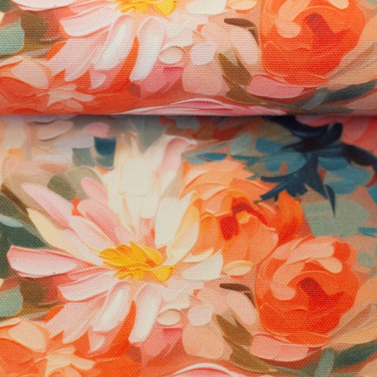 Image avec toile imprimée florale dans des tons roses et corail 250 g/m² – disponible chez Šarlotes audumi