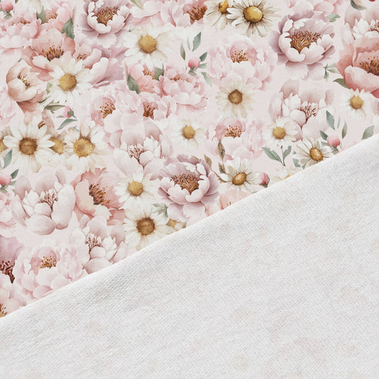 Kokvilnas cilpiņtrikotāža - margrietiņas un peonijas 250 g/m²