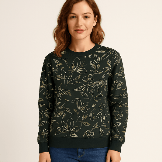 Kokvilnas cilpiņtrikotāža - ziedi uz tumši zaļa fona 225 g/m²