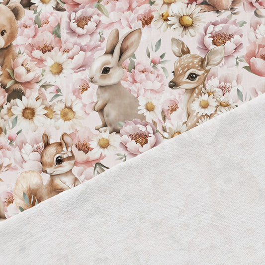 Kokvilnas cilpiņtrikotāža - zvēri margrietiņās un peonijās 250 g/m²