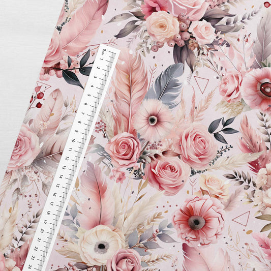 Kokvilnas trikotāža - boho puķes 200 g/m²