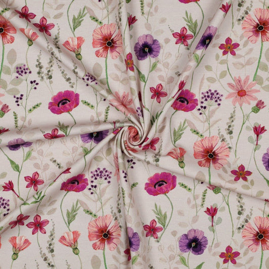 Kokvilnas trikotāža - pļava uz bēša fona 200 g/m²