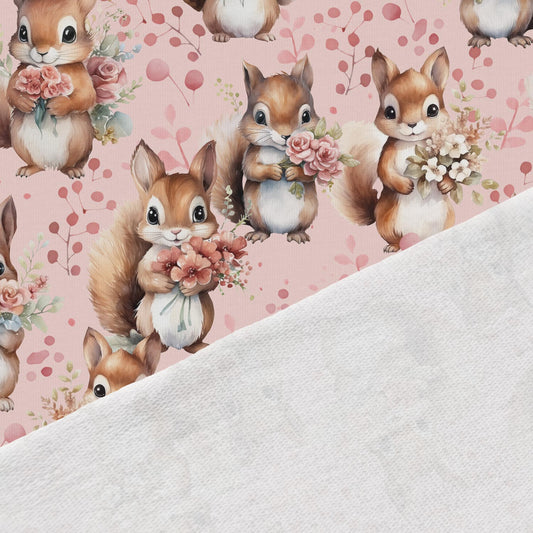 Kokvilnas trikotāža - vāverēns ar ziediem 200 g/m²