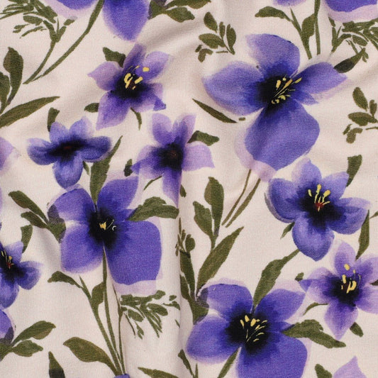 Kokvilnas trikotāža - violetais ziedu sapnis 190 g/m²