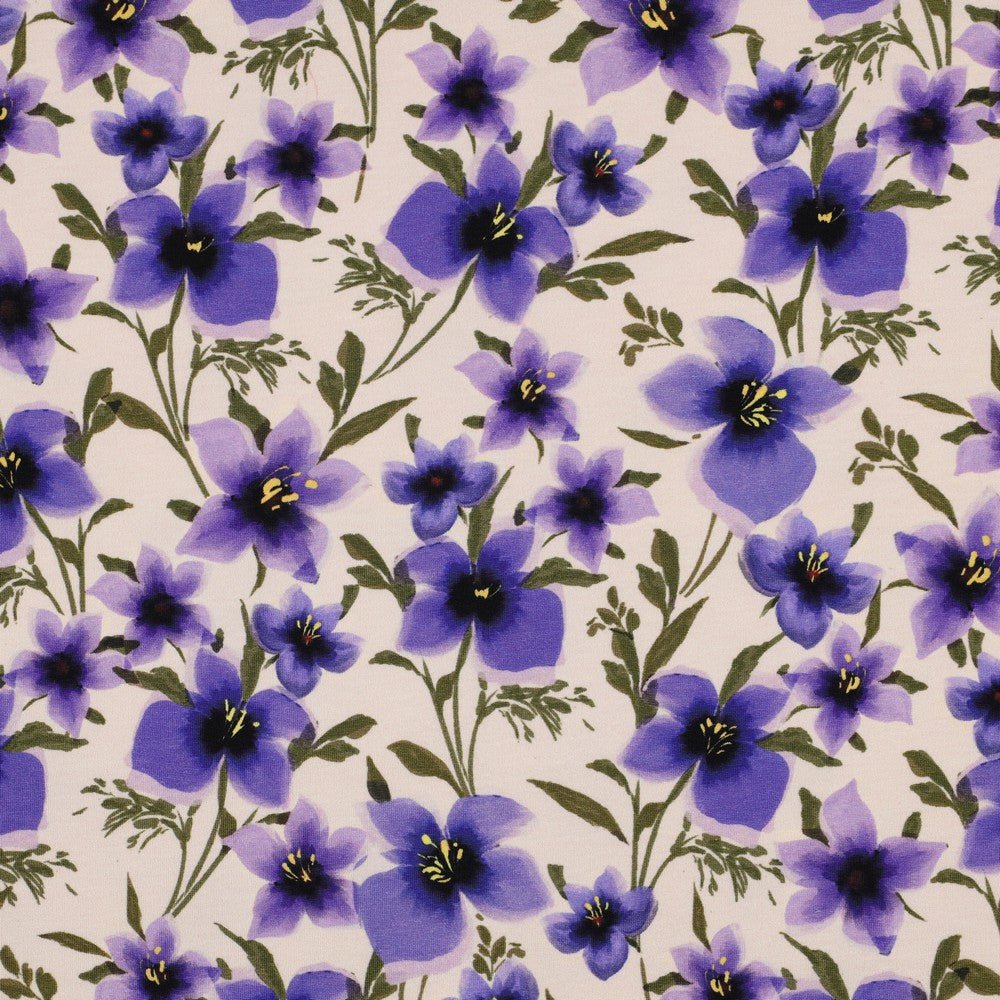 Kokvilnas trikotāža - violetais ziedu sapnis 190 g/m²