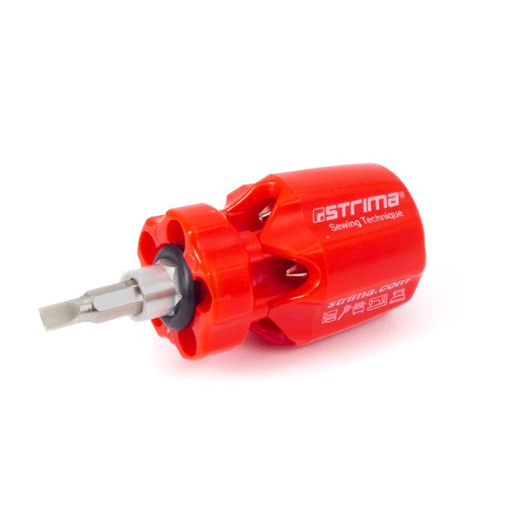 Image d’un tournevis compact pour machines à coudre avec 6 embouts interchangeables – disponible en ligne chez Šarlotes audumi
