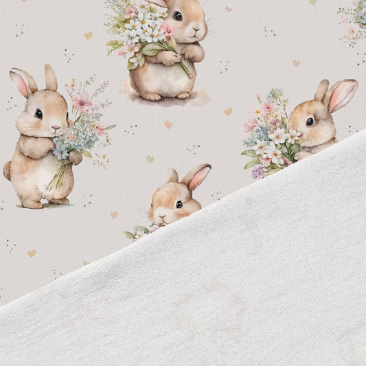 Pēdējais gabaliņš- Cotton loop knit - rabbits with flowers 250 g/m² - 43cm