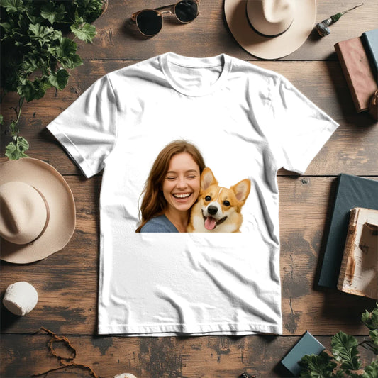 Bild mit personalisiertem T-Shirt mit deinem und dem Foto deines Haustiers – online erhältlich bei Šarlotes audumi