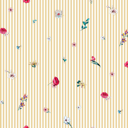 Premium 100% kokvilnas audums - dzeltenas līnijas un ziedi 115 g/m²