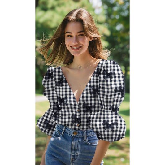 Attēls ar Premium 100% kokvilnas audums - melnbalts ar tilla bantēm 166 g/m² – pieejams Šarlotes audumi