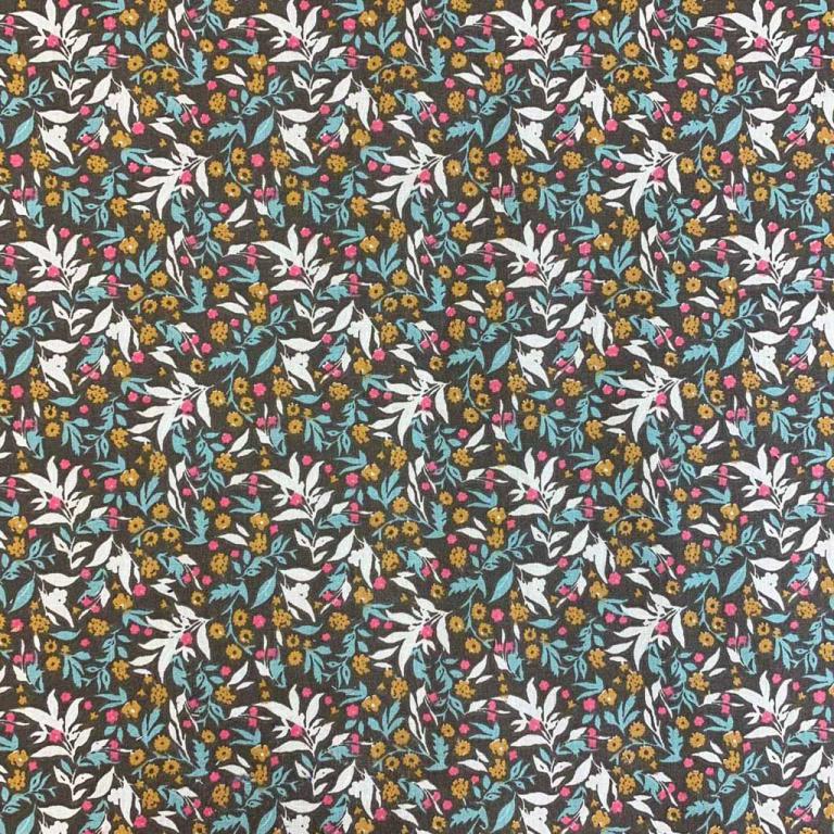 Premium 100% kokvilnas audums - salks raksts uz tumši brūna fona 115 g/m²