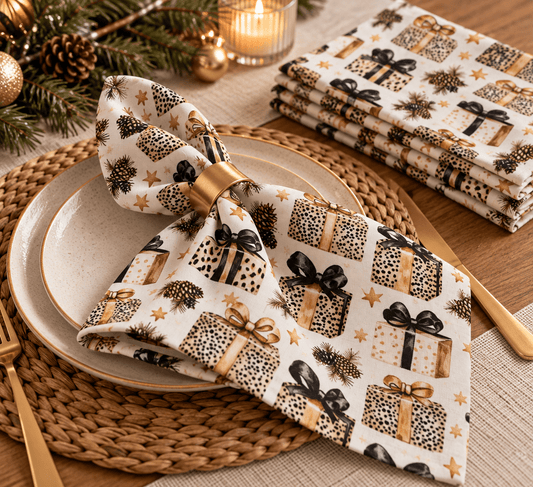 Bild mit Premium-Stoff aus 100 % Baumwolle – Weihnachts-Leoparden-Geschenke – online erhältlich bei Šarlotes audumi
