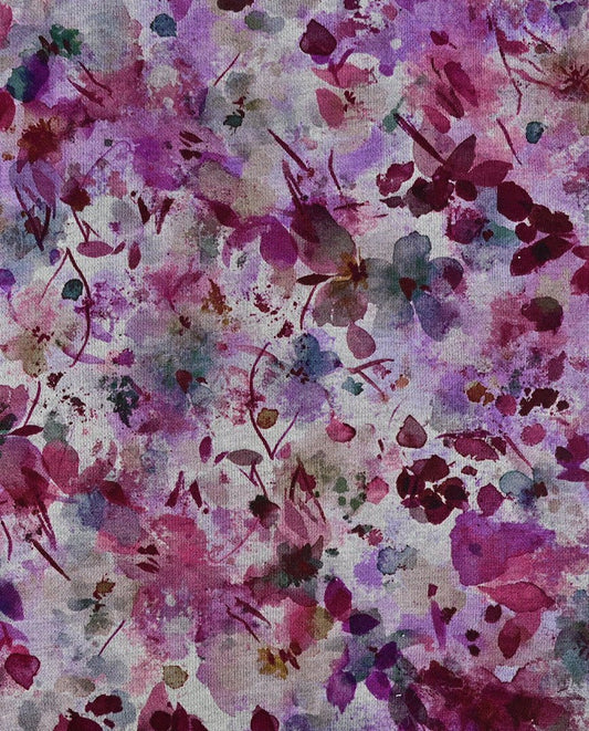 Attēls ar Punto di Roma trikotāžas audums - lillā un rozā ziedi 240 g/m² – pieejams Šarlotes audumi