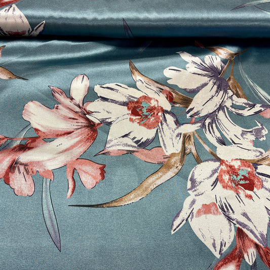 Satīns ar elastānu - orhideju motīvs 80 g/m²