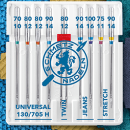 Attēls ar Šujmašīnu adatu komplekts SCHMETZ CREATIVE 9 UNIVERSAL/ZWI/STRETCH/JEANS (9gab.) – pieejams Šarlotes audumi