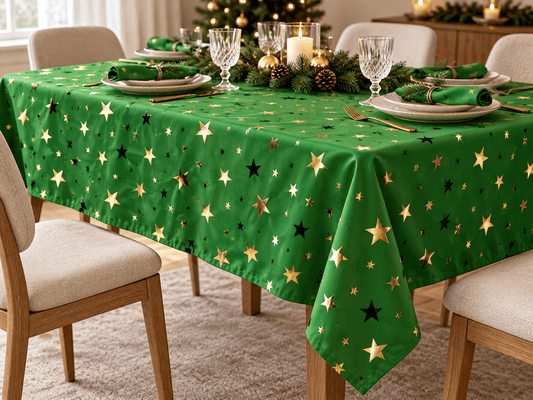 Weihnachtlicher Dekostoff mit goldenen Sternen auf Grün – online bei Šarlotes audumi erhältlich