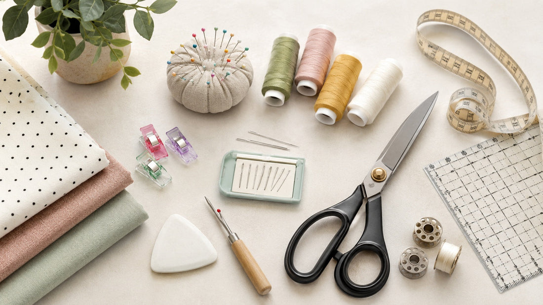 Sewing supplies for beginners with needles, thread, scissors, and a measuring tape