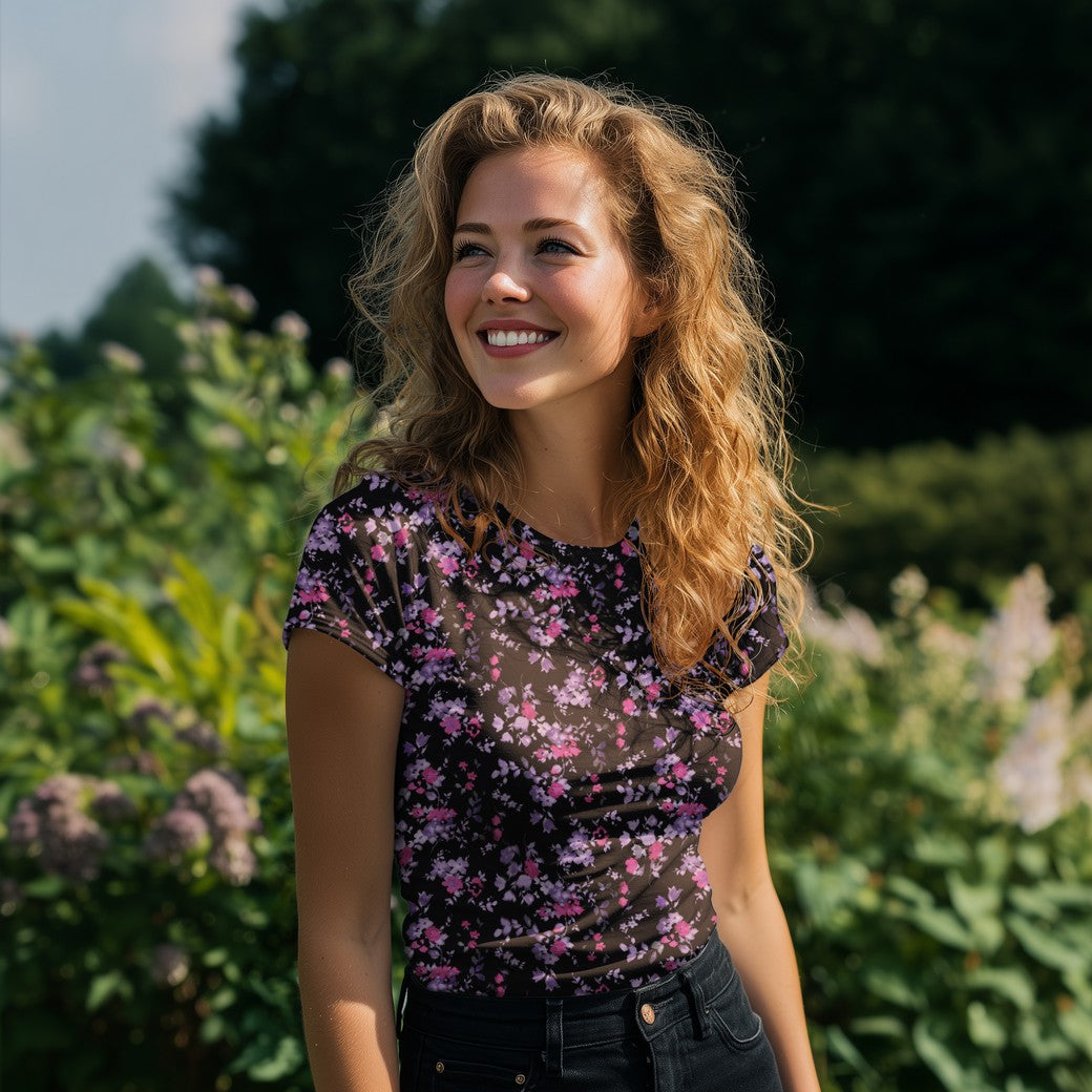 Baumwolljersey, Jersey mit feinen lila Blüten