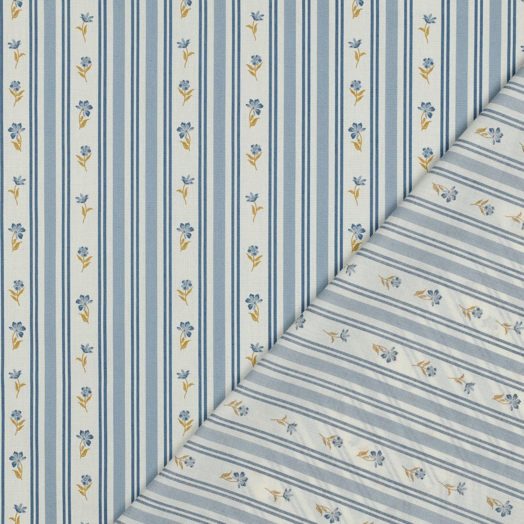 Premium 100% kokvilnas audums-zils ziedu un līnijas motīvs 110 g/m²