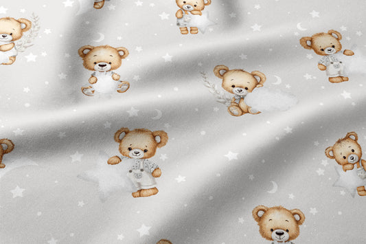 Image avec tissu 100 % coton-ours sur fond gris – disponible en ligne chez Šarlotes audumi