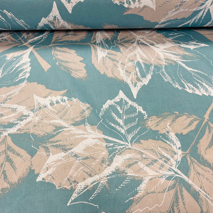 Tissu 100 % coton - motif feuilles sur fond turquoise 220 cm 146 g/m²
