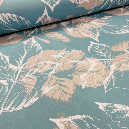 Tissu 100% coton - motif feuilles sur fond turquoise 220 cm 146 g/m²