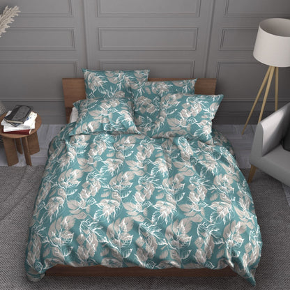 100% tissu en coton - motif de feuilles sur fond turquoise 220 cm 146 g/m²