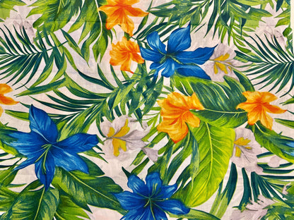 100 % tissu en coton - fleurs tropicales bleues sur fond orange 125 g/m