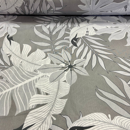 Tissu 100 % coton - motif feuilles gris 220 cm 125 g/m²