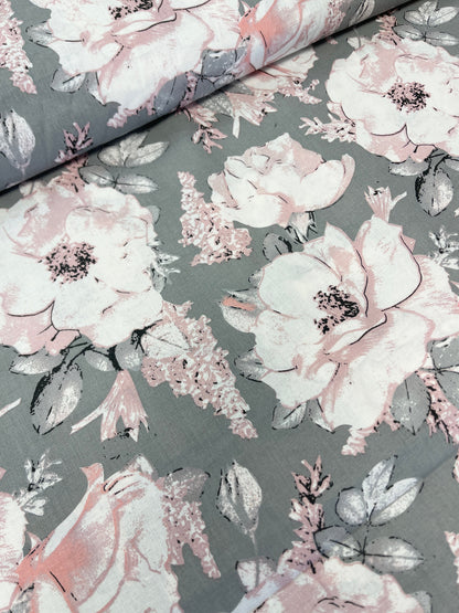 100% coton - motif pivoines sur fond gris 125 g/m²