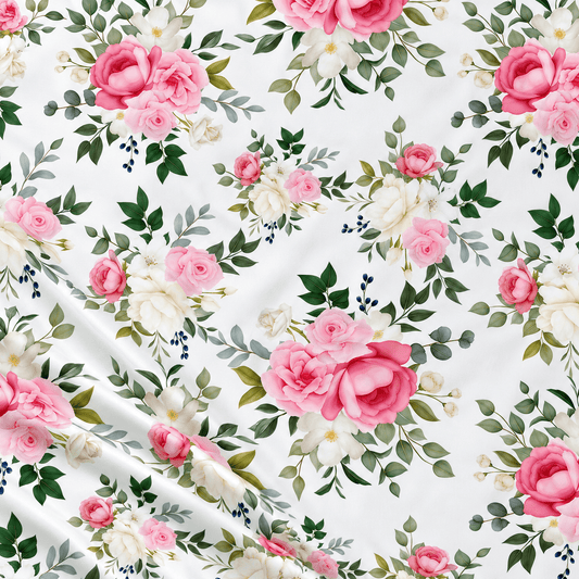 Bild von 100 % Baumwollstoff mit rosa Rosen – online bei Šarlotes audumi erhältlich