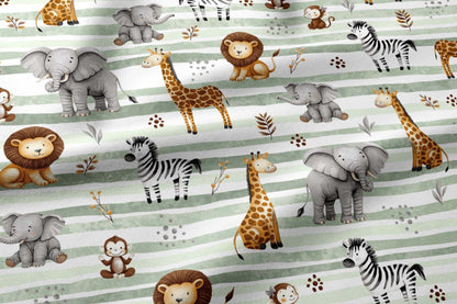 Image with 100% cotton fabric - safari animals and green stripes 125 g/m – available at Šarlotes audumi