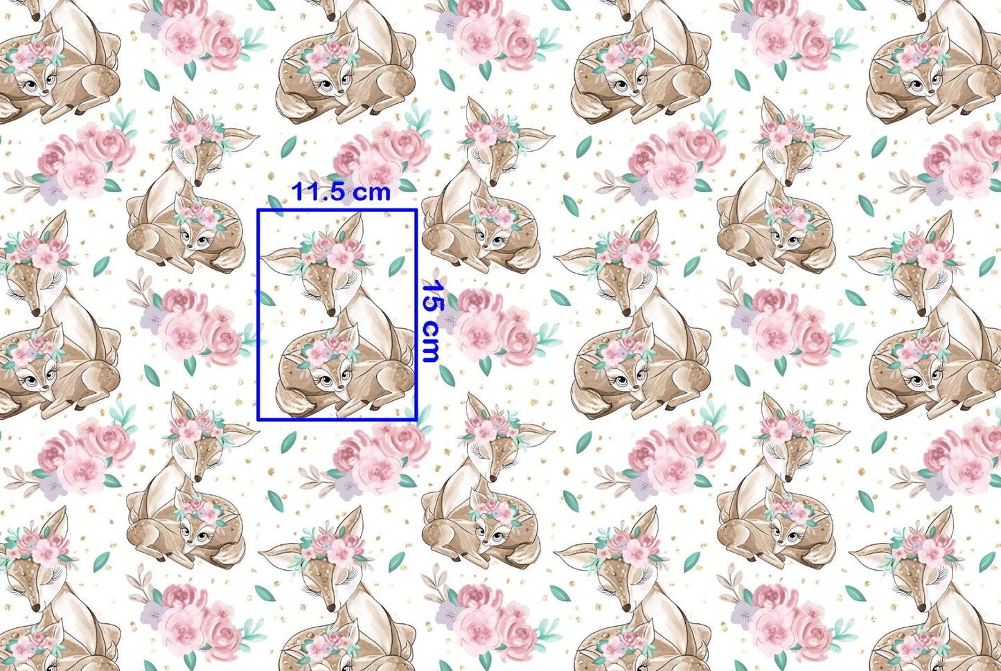 100% Kokvilnas audums - stirniņas ziedos 125 g/m²