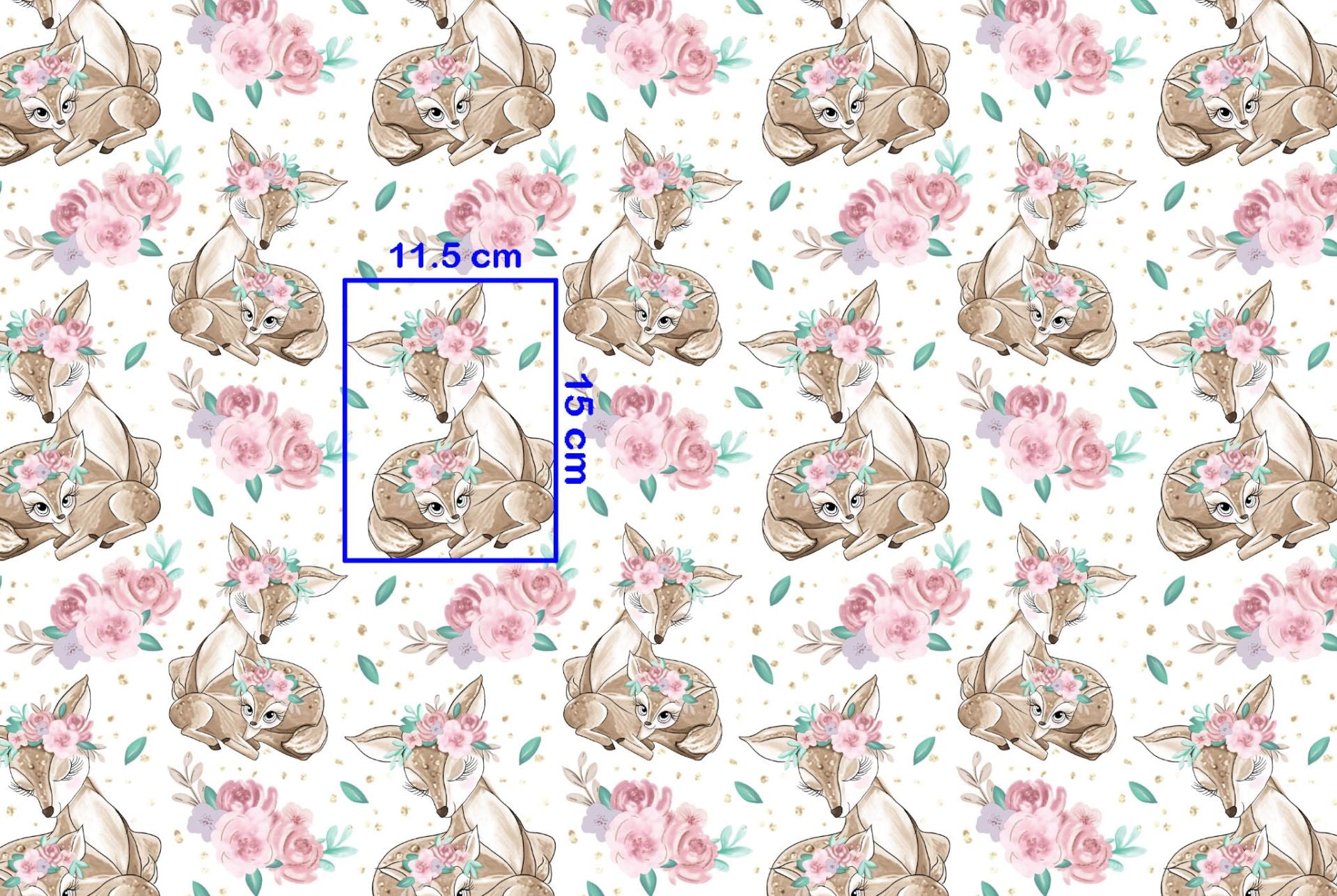 100% Kokvilnas audums - stirniņas ziedos 125 g/m²