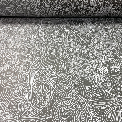 100% satin de coton - motif abstrait sur fond gris 220 cm 125 g/m²